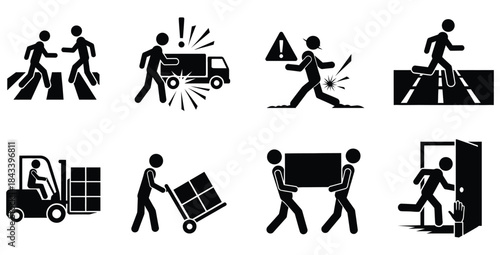 Collection of black and white stick figure icons illustrating various workplace and traffic safety hazards and warnings