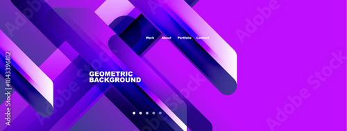 Abstract geometric background. Purple gradients create dynamic layers. Minimalist website header includes navigation options. Modern design elements present.