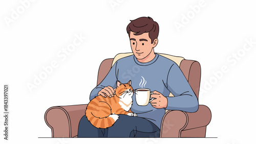 A man sits on a couch with a cat on his lap, holding a steaming cup of coffee in a cozy setting.