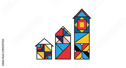 abstract house icons growing upward like bar chart colorful geometric arrows symbolizing real estate growth housing market success
