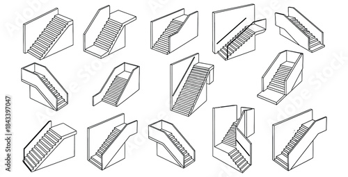 Collection of isometric line art architectural drawings showcasing various styles of interior and exterior staircases