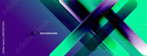 Abstract geometric design. Vibrant purple, green gradients create dynamic lines, shapes. Modern aesthetic suitable for digital backgrounds.