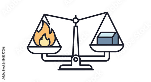 balance scale comparing fire and ice cube in minimalist line art illustration symbolizing climate change energy choice and risk