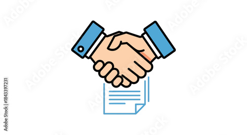 business handshake agreement icon with two partners shaking hands over contract document symbolizing partnership deal and trust