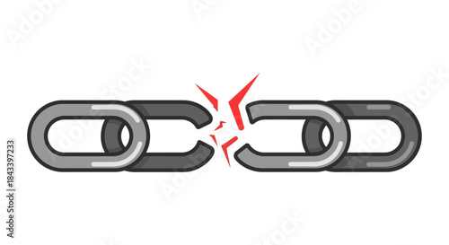 broken chain link icon with crack and red stress lines in flat style symbolizing weakness failure security breach and system error