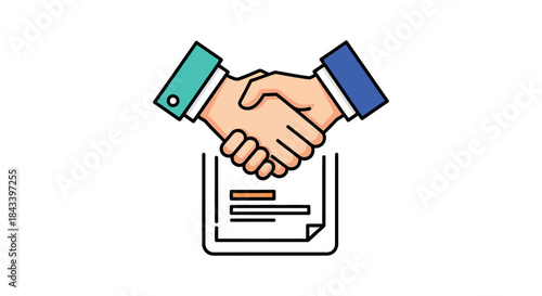 business handshake closing deal over signed contract document flat line art illustration symbolizing partnership agreement and trust