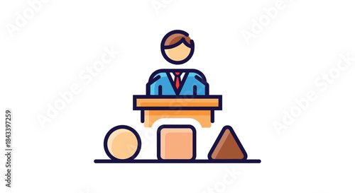business manager at desk choosing between circle square and triangle icons abstract leadership decision making concept illustration for strategy