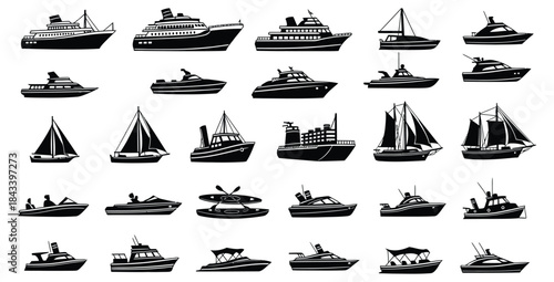 Collection of black and white silhouette icons representing various types of watercraft and marine vessels