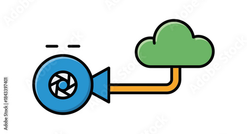 cloud photo backup icon with camera lens connected to green cloud storage illustrating online media archive and secure data sync