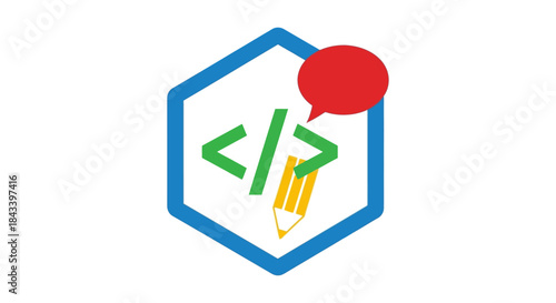 coding and writing collaboration icon with html brackets pencil and speech bubble inside hexagon frame for programming education blogs