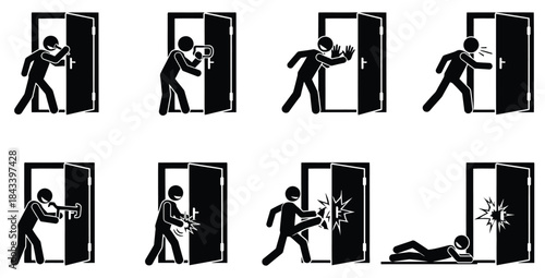 Stick figure sequence illustrating various methods of forcefully opening or breaking down a locked door