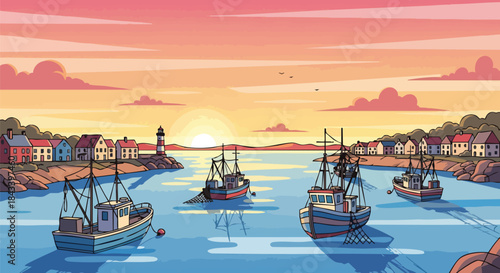 Illustration of a serene coastal town at sunset with fishing boats in the harbor and houses along the shore.