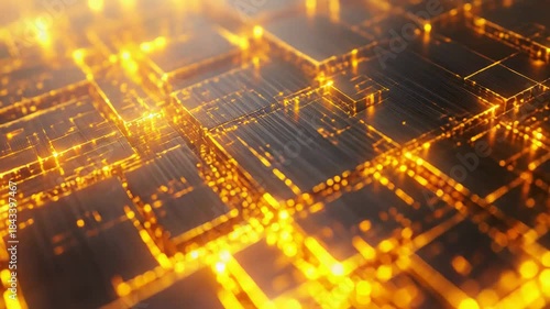 Wallpaper Mural Digital circuit board with glowing golden lines and squares illustrating data flow, high speed processing, and interconnected electronic systems within a futuristic computing network Torontodigital.ca