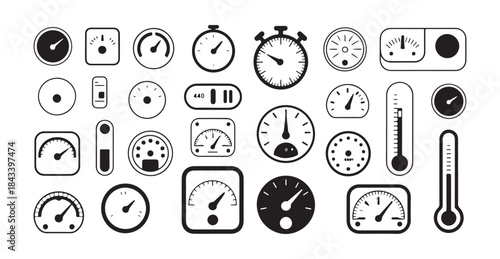Set of various black and white measurement tools icons for speed temperature and pressure indication