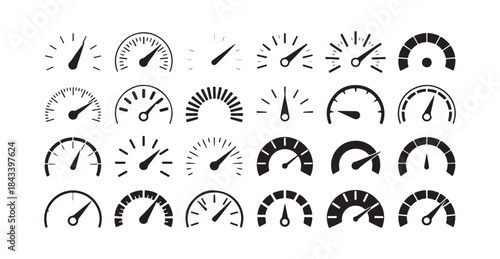 Twenty various speedometer and dashboard gauge icons illustrating speed rating and measurement levels in isolated design