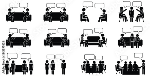Collection of stick figure icons depicting various group discussions meetings and communication scenarios with speech bubbles