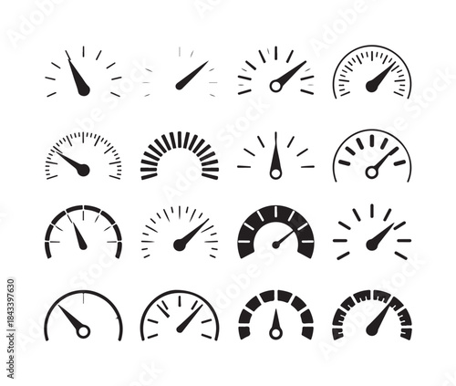 Sixteen speedometer and gauge icons showing speed measurement progress velocity and performance testing levels in vector set