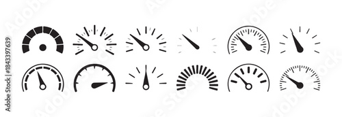 Twelve gauge and speedometer icons depicting measurement progress velocity and performance testing results in simple icons