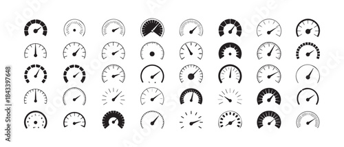 Set of thirty two black and white dashboard speedometers and pressure gauges icons vector collection