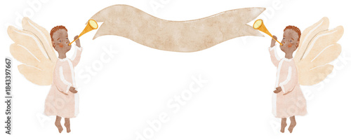 Angels blowing trumpets, holding blank ribbon banner in cloud white tones watercolor. Soft neutral palette, airy composition, isolated on white. Ideal for Christmas cards, luxury branding, prints.