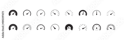 Sixteen speedometer gauge icons with different pointer directions and scale visibility ideal for speed or performance testing