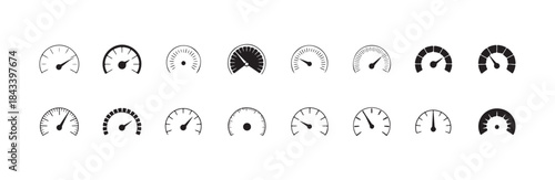 Sixteen minimal speedometer icons demonstrating various speed and measurement levels in black outline and solid style