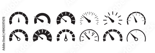 Twelve various speedometer and gauge icons showing different speed levels and performance indicators in black outline vector