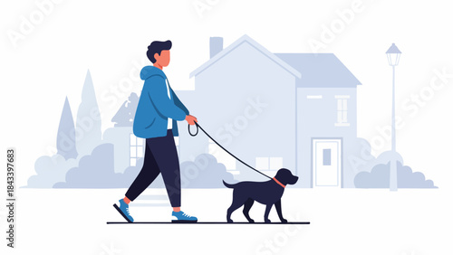 A man walks a black dog on a leash through a suburban neighborhood with houses and streetlights in the background.