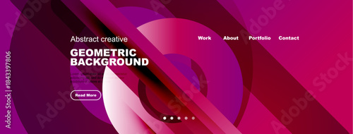 Abstract geometric design. Pink, purple gradients dominate composition. Website header includes navigation options, text, button.