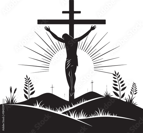 Minimal black silhouette of Jesus Christ crucifixion on cross, emotional Christian faith symbol for Easter and Christmas on white background