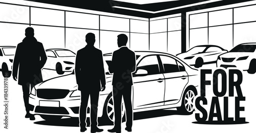 Car Dealership Visit Vector Illustration Black on White