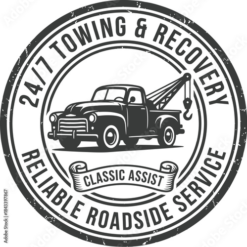 Towing Service Vintage Label Vector White Background
