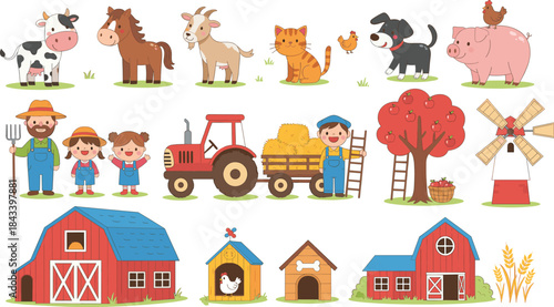 A Cute Vector Collection of Farm Elements, Including Farmers, Children, Cow, Pig, Horse, Cat, Dog, Tractor, Barns, Apple Tree, and Windmill for Agriculture Designs.+