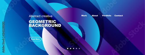 Abstract geometric background. Blue, purple hues dominate design. Website header includes navigation options, call to action button.