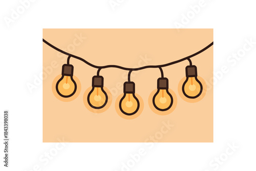 Flat vector illustration of string lights small bulbs soft rounded shapes clean outline warm home decor style