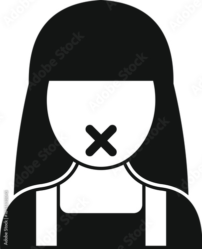 Censorship concept, woman with taped mouth not speaking, simple icon of a girl avoiding talking