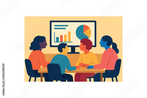 Flat vector illustration of colorful team meeting using one shared screen instead of printed handouts vivid monitor rounded figures minimal detail
