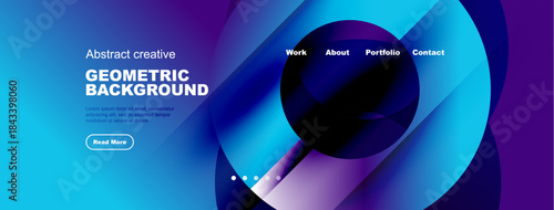 Modern website header design. Vibrant blue purple gradients, geometric shapes, text elements, navigation menu present. Clean aesthetic.