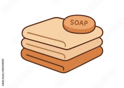 Flat vector illustration of folded towels and soap soft rounded silhouette clean outline warm home decor style