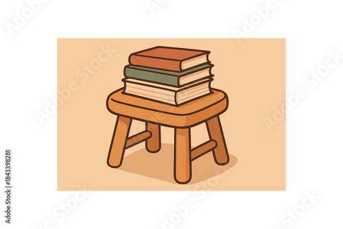 Flat vector illustration of small stool with stack of books soft rounded silhouette clean outline warm home decor style