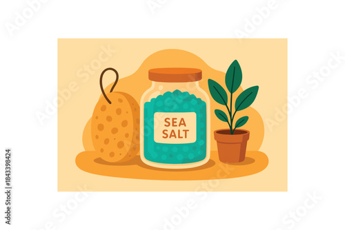 Flat vector illustration of bright bath ritual with vivid sea salt jar sponge and small plant rounded shapes eco mindfulness at home
