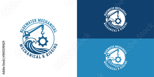The modern blue logo for Coastal Mechanical and Rigging. It features a stylized wave and a crane hoisting a gear to symbolize the company's coastal location and its specialized rigging and mechanical