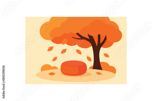 Flat vector illustration of bright meditation cushion under vivid tree canopy with falling leaves rounded shapes minimalistic calm scene