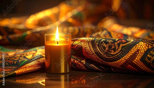 Vibrant African Pattern Kente Cloth with Traditional Colors and Peaceful Candlelight Kwanzaa
