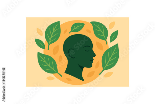 Flat vector illustration of bright eco affirmations concept with bold leaf icons circling calm face silhouette rounded shapes