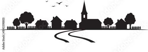 black silhouette of small village scenery on white background, vector