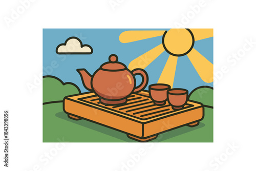 Flat vector illustration of bright tea ceremony setup outdoors with bold wooden tray teapot and sunlight rounded shapes clean outline