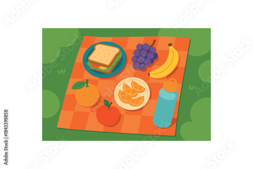 Flat vector illustration of colorful simple lunch outdoors on reusable cloth with vivid fruit rounded shapes clean vector