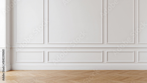 Wallpaper Mural Elegant white wall with classic paneling and herringbone wood floor, minimalist interior design Torontodigital.ca