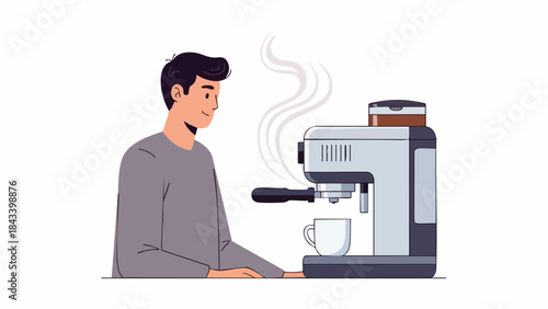 A man sits at a table operating a coffee machine with steam rising and a cup positioned underneath on a plain white background.